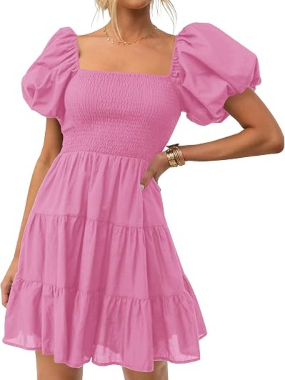 Womens Boho Square Neck Puff Sleeve Smocked Tiered A Line Mini Dress